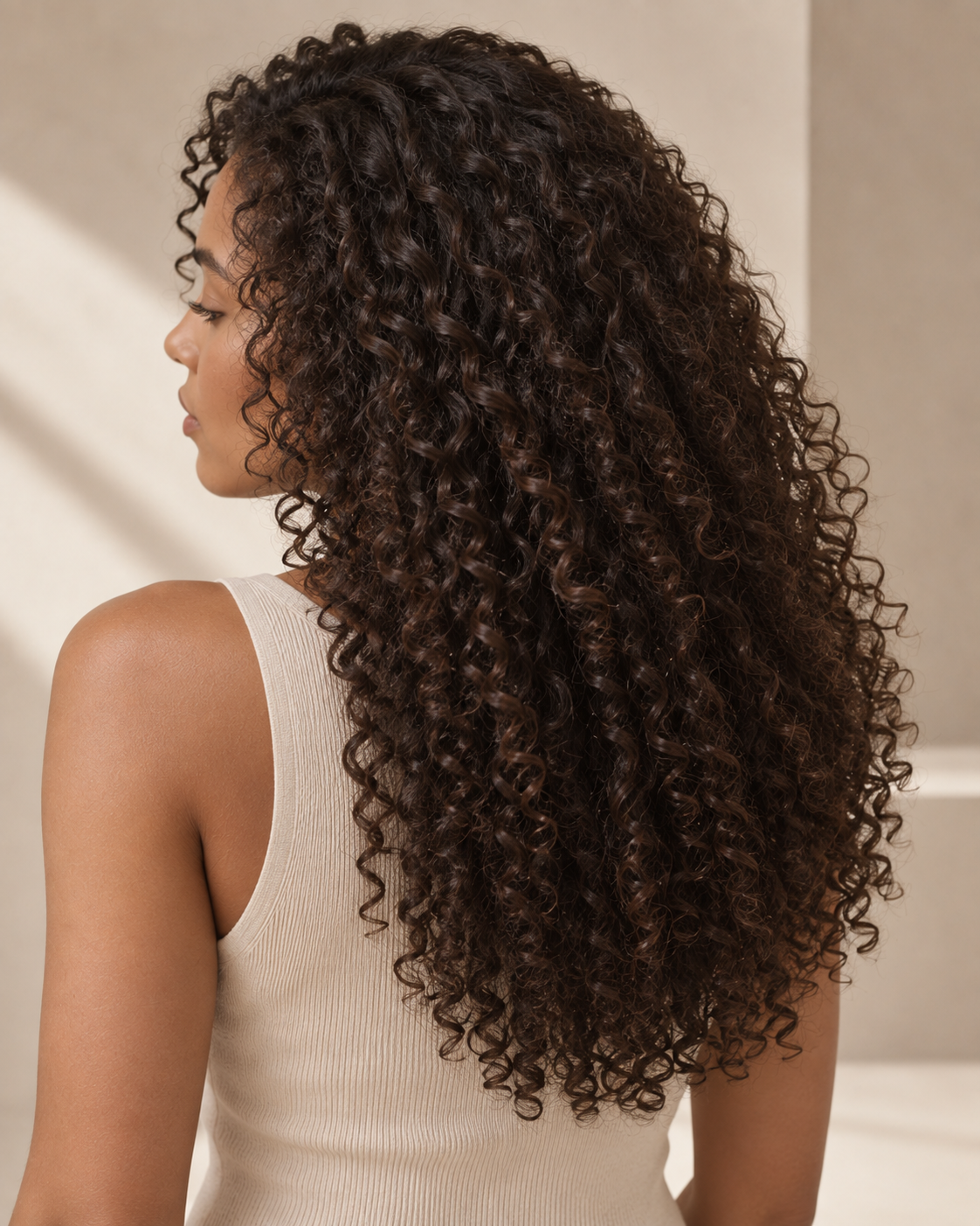 Back view of a woman with long, curly hair.
