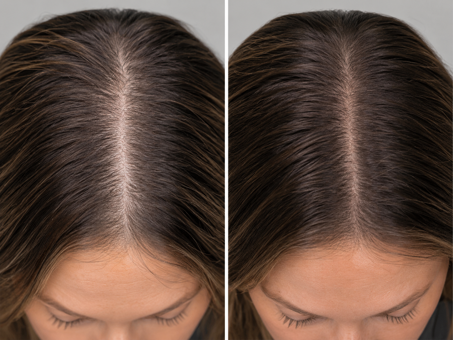 Before and after central hair-part comparison for Maya, CA